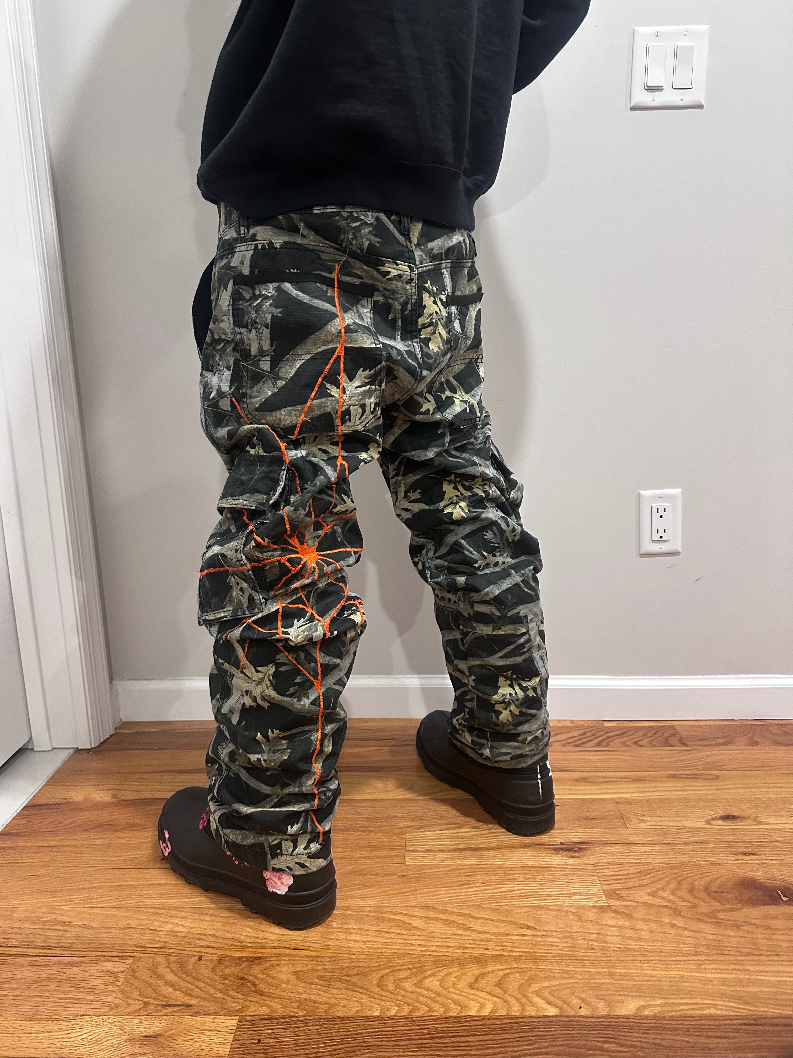 Camo cargos with orange web embroidered
