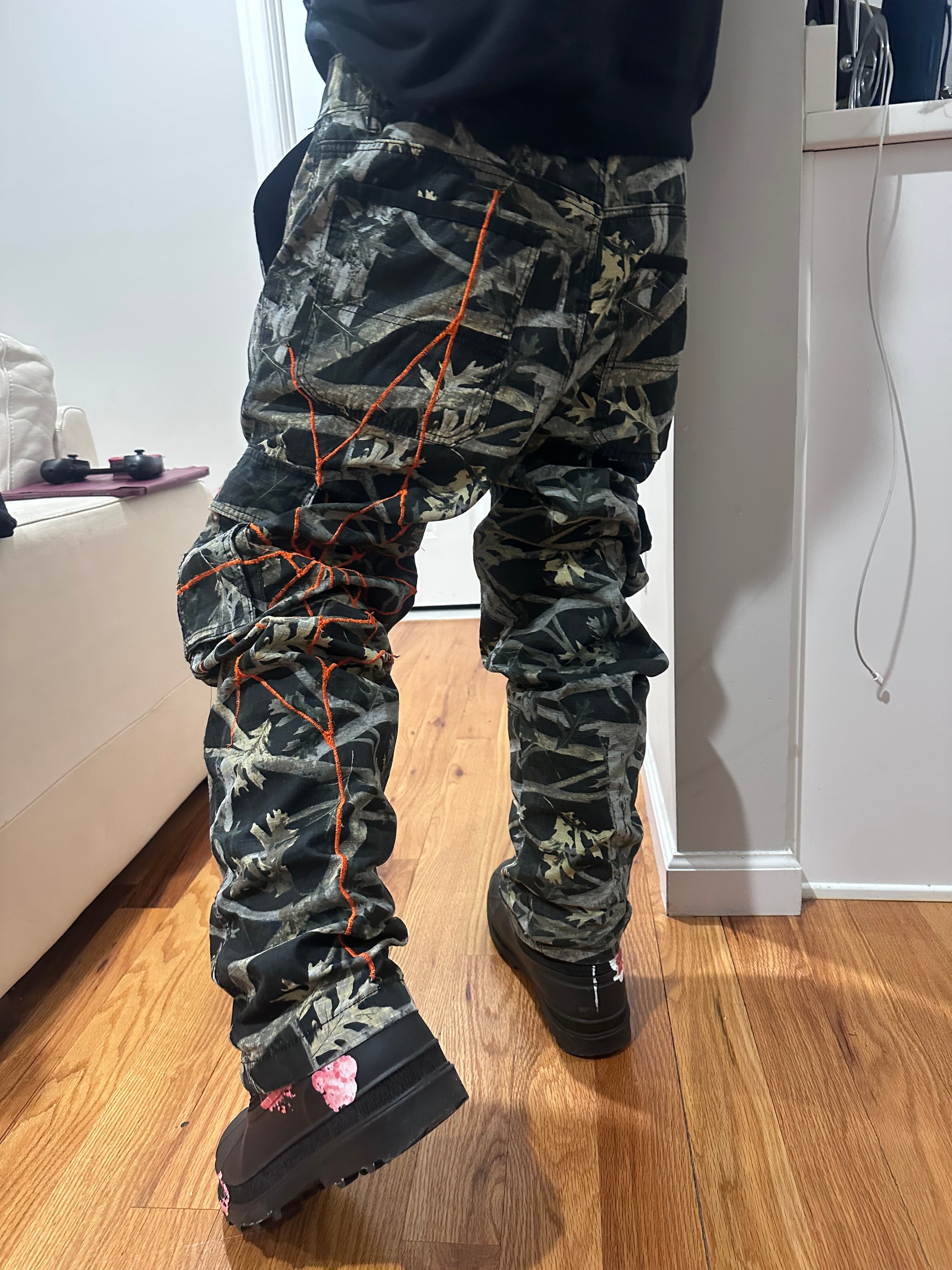 Camo cargos with orange web embroidered