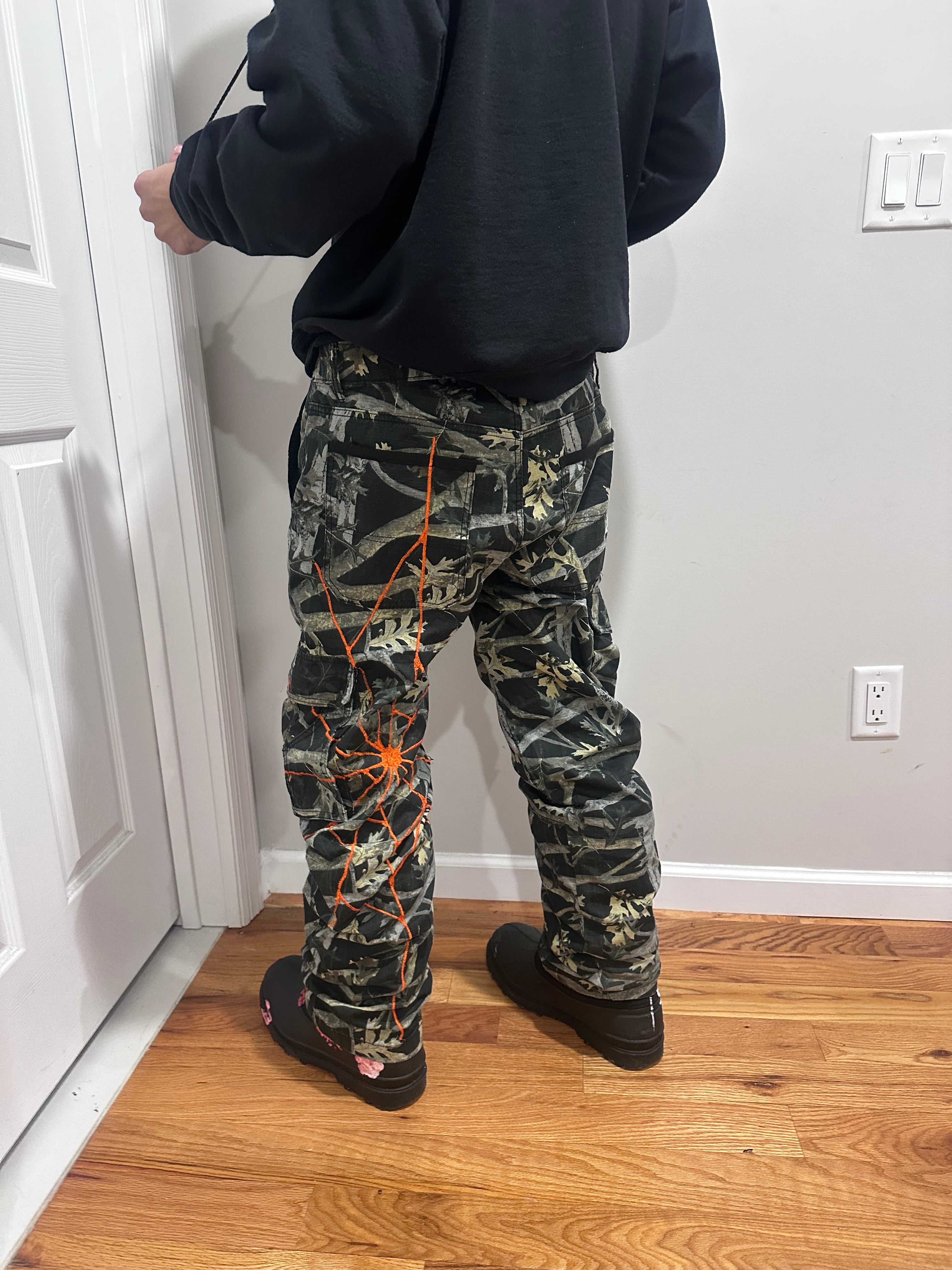 Camo cargos with orange web embroidered