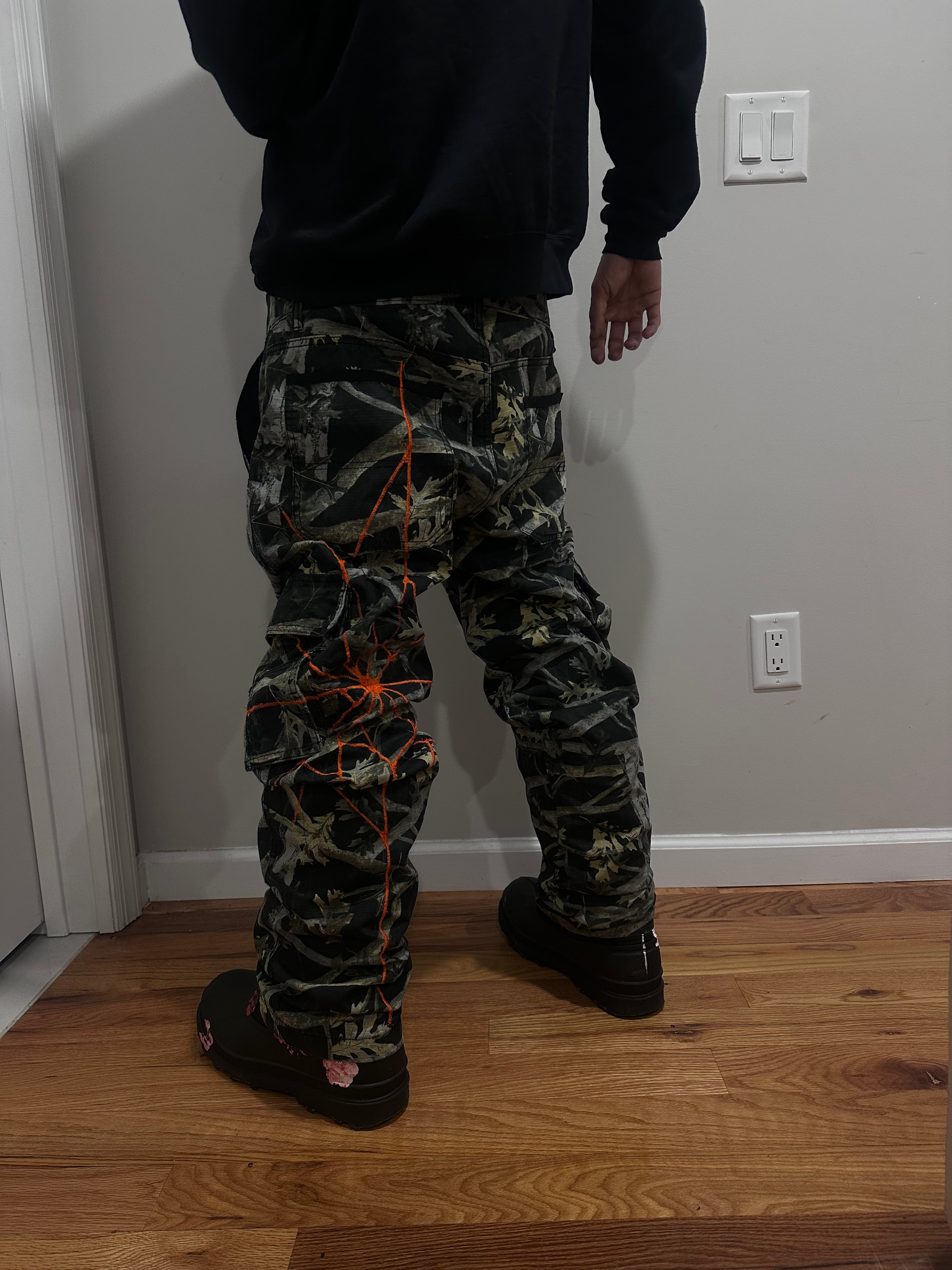 Camo cargos with orange web embroidered